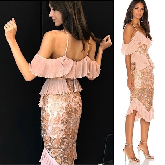 ALICE MCCALL 70s Off Shoulder Ruffle Metallic Paisley Embroidered Midi Dress 6 - Picture 4 of 16